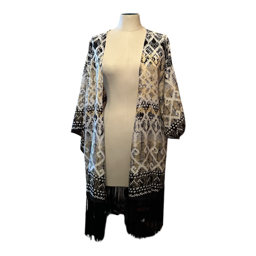 Cato women’s 18/20 black/yellow/white geometric kimono lace back fringe detail